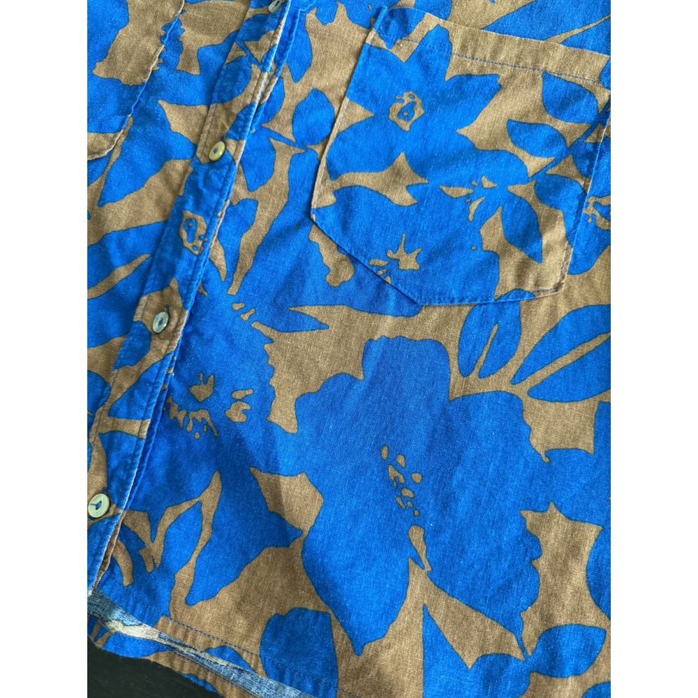 Every Linen Blend Tropical Print Button Up Short Sleeve Shirt Blue Brown Small - Picture 5 of 9